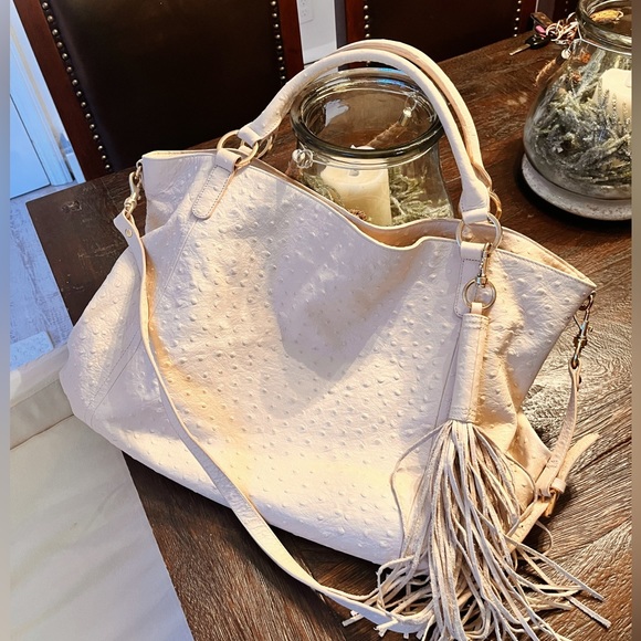 LARGE AUTHENTIC CRÈME COLORED LEATHER OSTRICH BAG - Picture 10 of 16